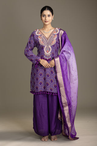 Deep Aubergine Glam Gharara Set with Bold Thread Work Embroidery
