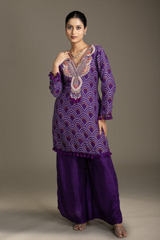 Deep Aubergine Glam Gharara Set with Bold Thread Work Embroidery