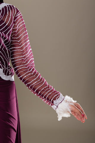 Royal Plum Saree with Delicate Silver Hand-Embroidered Cape