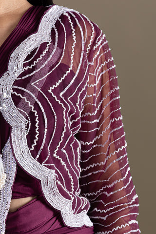 Royal Plum Saree with Delicate Silver Hand-Embroidered Cape