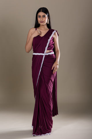 Royal Plum Saree with Delicate Silver Hand-Embroidered Cape