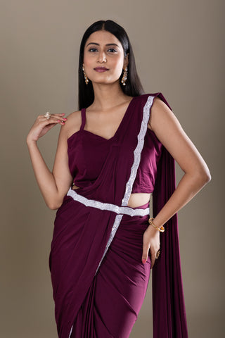 Royal Plum Saree with Delicate Silver Hand-Embroidered Cape