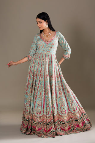 Misty Aqua Blue Anarkali Lehenga with Heavy Mirror Work
