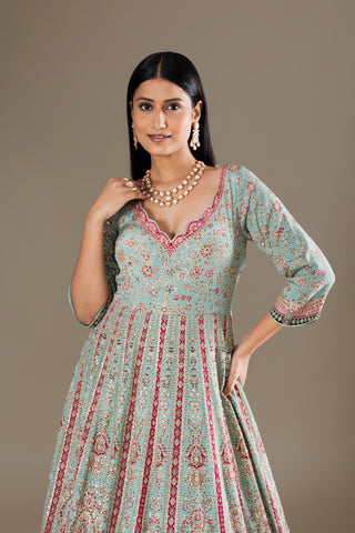 Misty Aqua Blue Anarkali Lehenga with Heavy Mirror Work