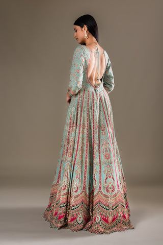 Misty Aqua Blue Anarkali Lehenga with Heavy Mirror Work