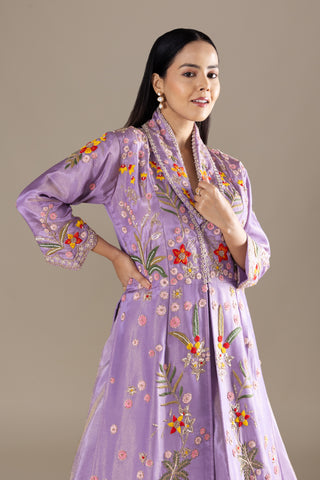 Lilac LavenderJacket Lehenga with Vibrant Multi-Coloured Hand Embroidery