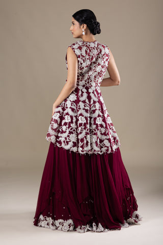 Plum Berry Peplum Ensemble with Silver Hand Embroidery