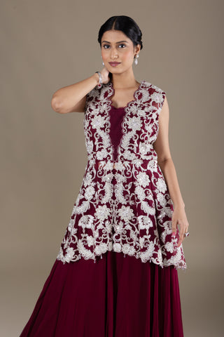 Plum Berry Peplum Ensemble with Silver Hand Embroidery