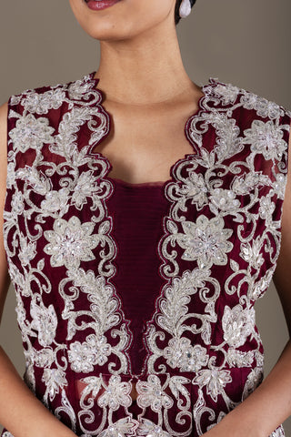 Plum Berry Peplum Ensemble with Silver Hand Embroidery