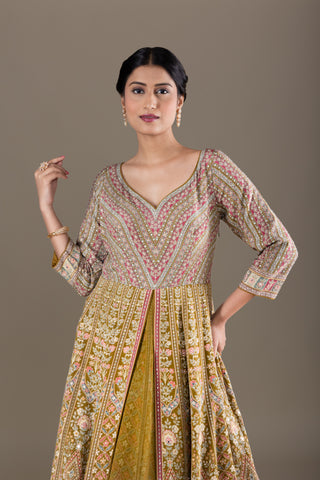 Olive Rose Handwoven Banarasi Jacket Lehenga