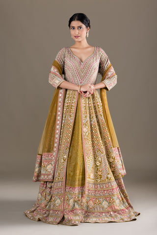 Olive Rose Handwoven Banarasi Jacket Lehenga