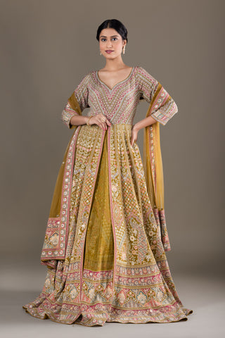 Olive Rose Handwoven Banarasi Jacket Lehenga