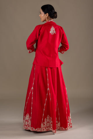Crimson Red Flared Gown with Ivory Hand Embroidered Short Jacket