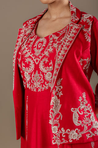 Crimson Red Flared Gown with Ivory Hand Embroidered Short Jacket