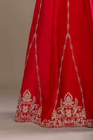 Crimson Red Flared Gown with Ivory Hand Embroidered Short Jacket
