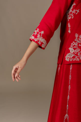 Crimson Red Flared Gown with Ivory Hand Embroidered Short Jacket