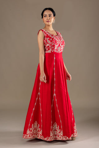 Crimson Red Flared Gown with Ivory Hand Embroidered Short Jacket