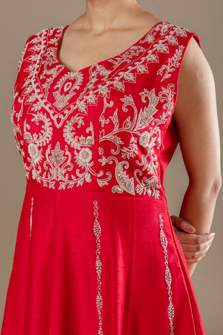 Crimson Red Flared Gown with Ivory Hand Embroidered Short Jacket