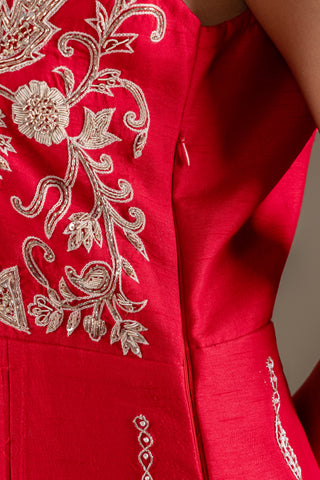 Crimson Red Flared Gown with Ivory Hand Embroidered Short Jacket