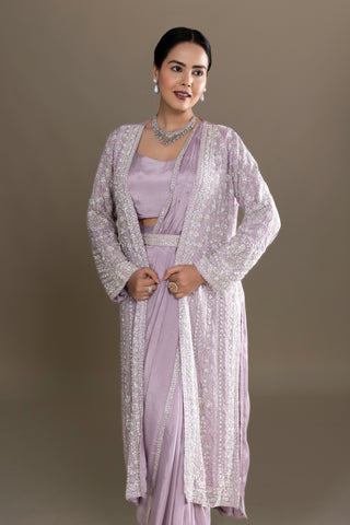 Soft Mauve Drape Saree Set