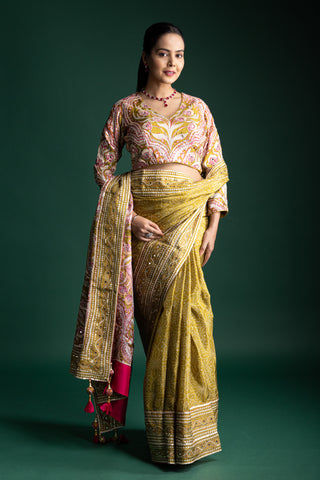 Antique Ochre Blossom Bandhani Print Saree