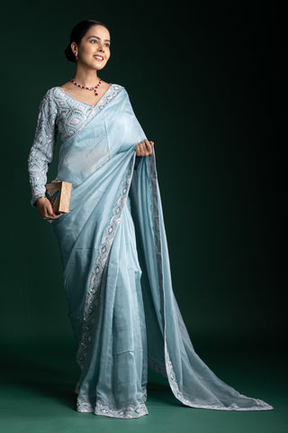 Icy Azure Serenity Organza Saree