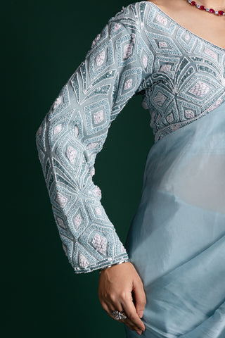 Icy Azure Serenity Organza Saree