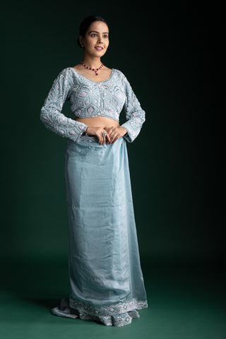 Icy Azure Serenity Organza Saree