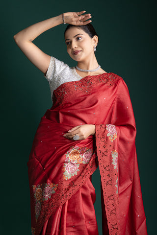 Crimson Luxe Silk Saree with Delicate Embroidered Highlights