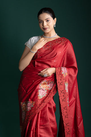 Crimson Luxe Silk Saree with Delicate Embroidered Highlights