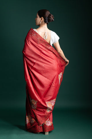 Crimson Luxe Silk Saree with Delicate Embroidered Highlights