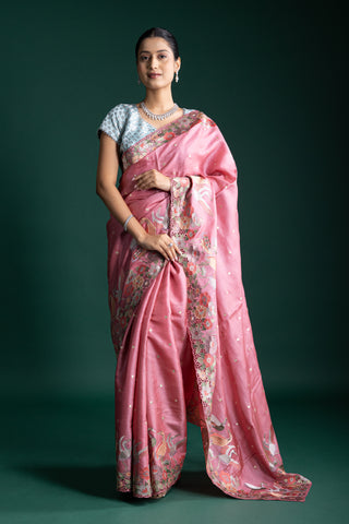 Rose Quartz Blush Handwoven Silk Saree with Intricate Details