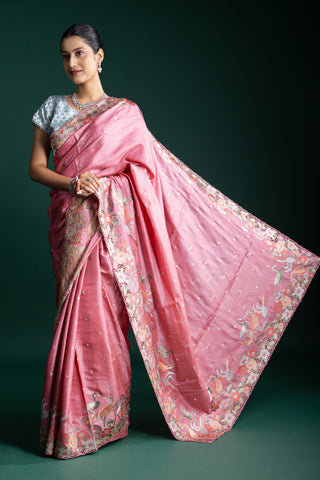 Rose Quartz Blush Handwoven Silk Saree with Intricate Details