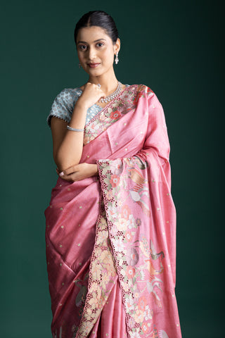 Rose Quartz Blush Handwoven Silk Saree with Intricate Details