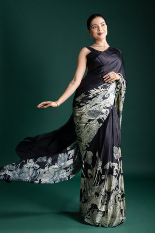 Midnight Noir Sage Lotus Detailed Handcrafted Satin Saree