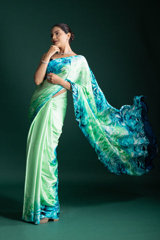 Ocean Mist Aqua Bloom Contemporary Floral Satin Saree