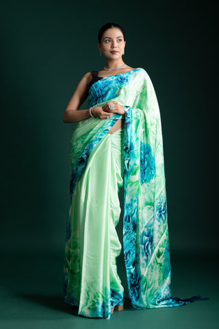 Ocean Mist Aqua Bloom Contemporary Floral Satin Saree
