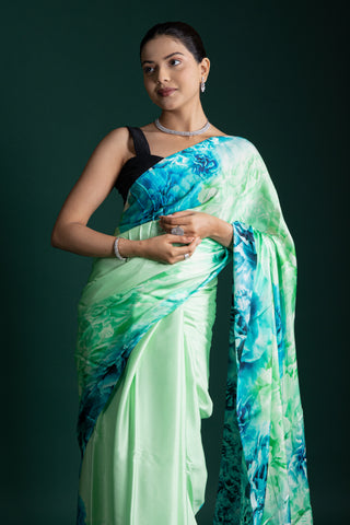 Ocean Mist Aqua Bloom Contemporary Floral Satin Saree