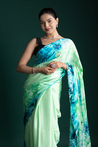 Ocean Mist Aqua Bloom Contemporary Floral Satin Saree