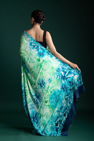 Ocean Mist Aqua Bloom Contemporary Floral Satin Saree