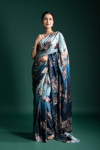 Exquisite Ombre Midnight Bloom Silk Saree