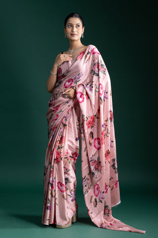 Elegant Blush Pink Floral Satin Saree