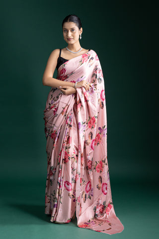 Elegant Blush Pink Floral Satin Saree