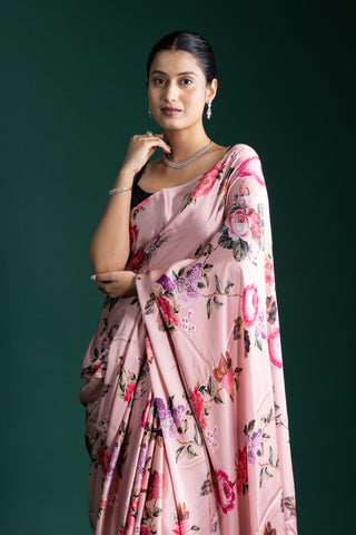 Elegant Blush Pink Floral Satin Saree