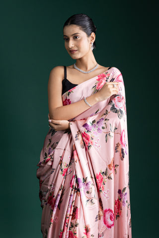Elegant Blush Pink Floral Satin Saree