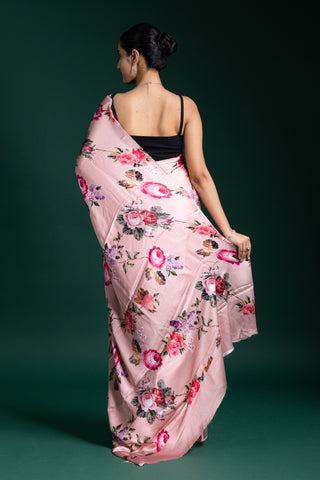 Elegant Blush Pink Floral Satin Saree