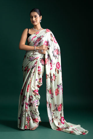 Chic Mint Green Floral Saree