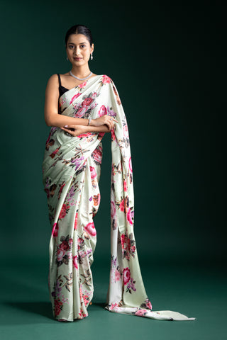Chic Mint Green Floral Saree
