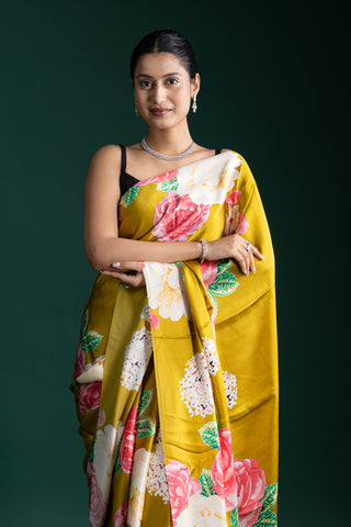 Olive Mustard Saree with Bold Blooming Red Florals