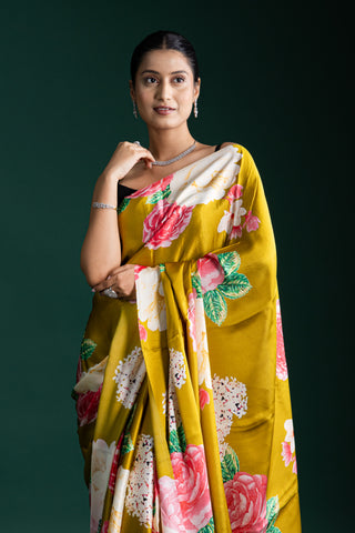 Olive Mustard Saree with Bold Blooming Red Florals